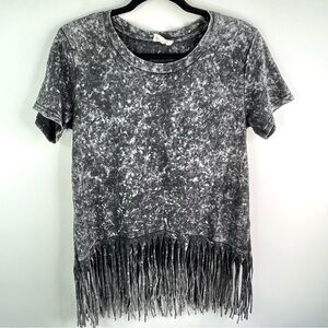 BiBi Grunge, Boho Black Mineral Wash Short Sleeve Fringe Tee Size Small